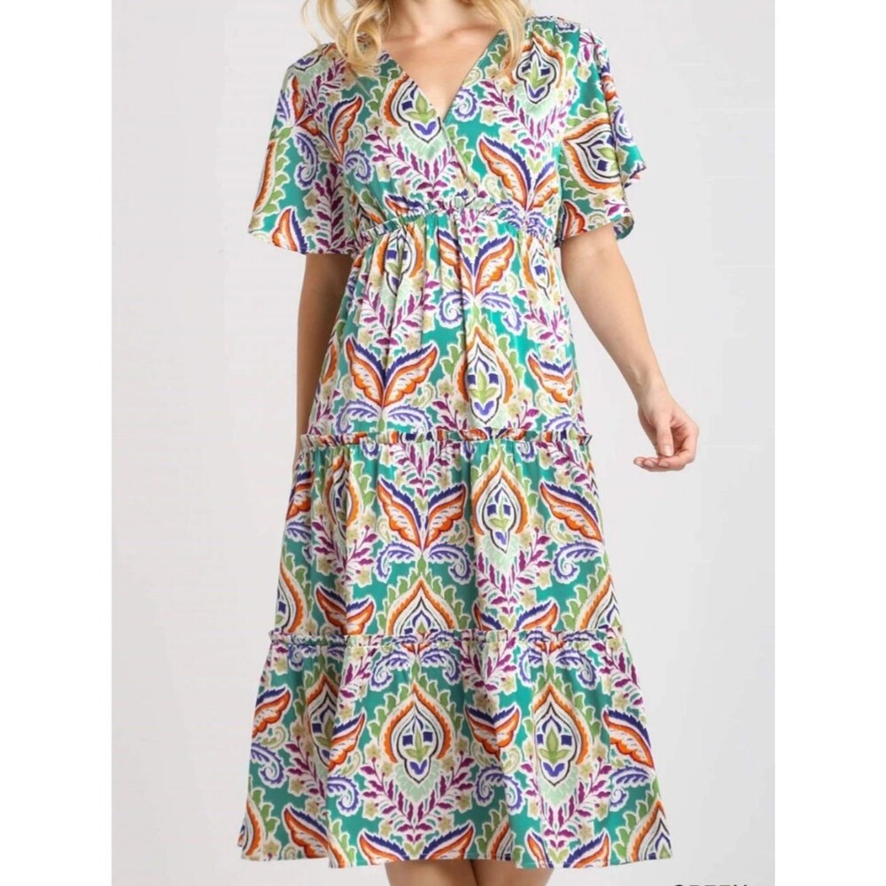 NWT Umgee Teal Multicolor Paisley Print Midi Dress